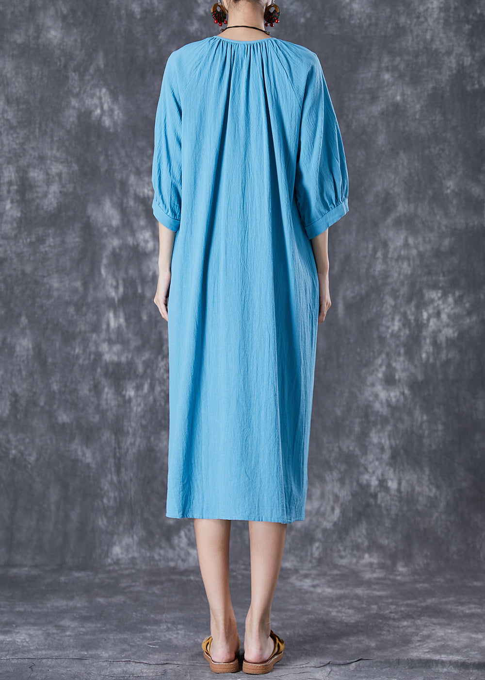 Blue Oversized Button Down Linen Long Dress Bracelet Sleeve