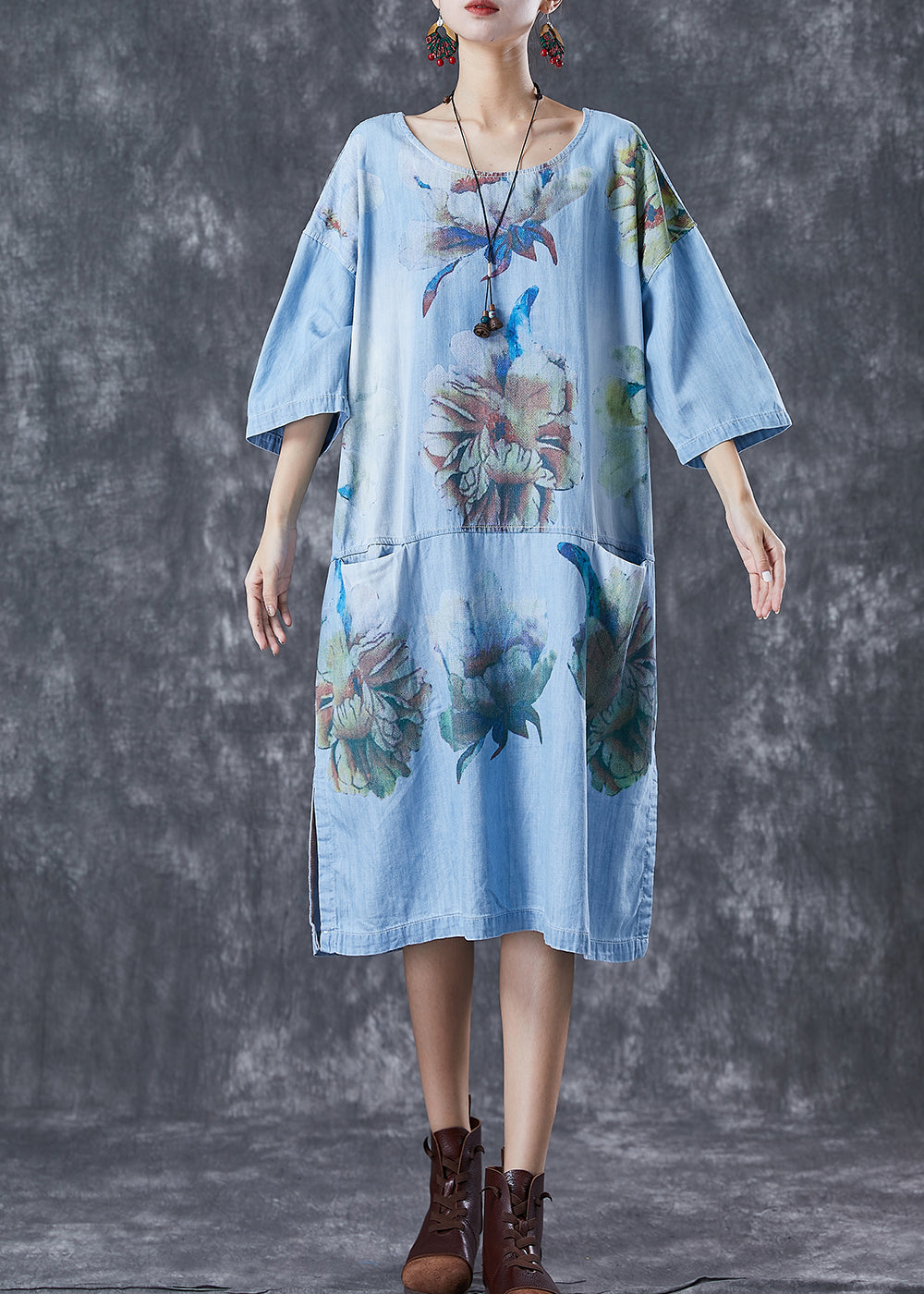 Blue Oversized Patchwork Pockets Denim Party Dress Summer