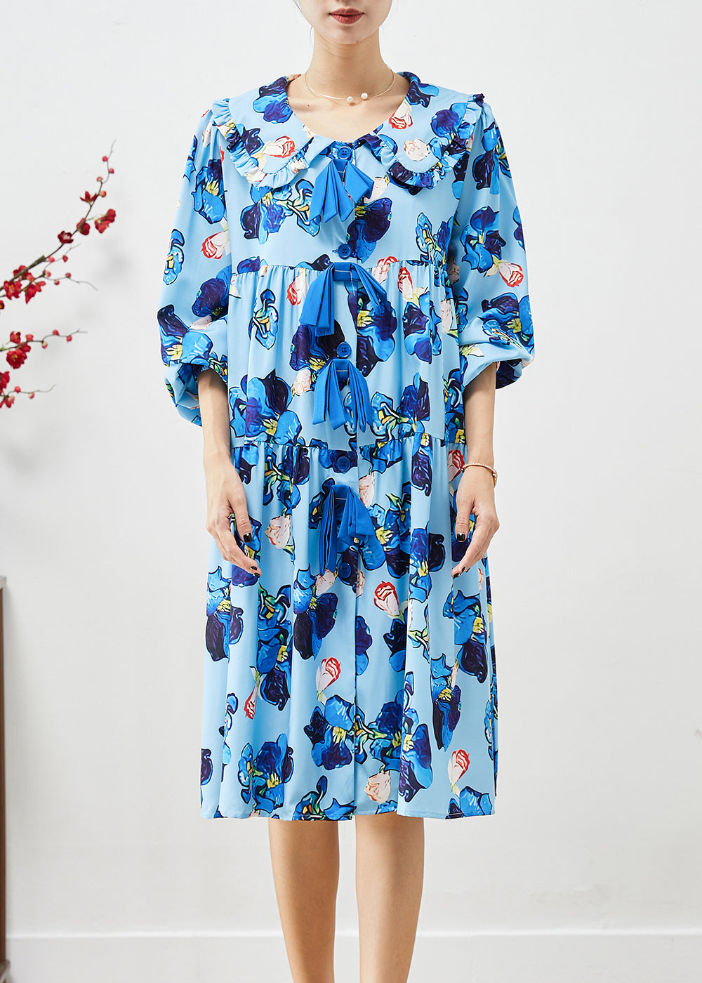 Blue Oversized Patchwork Print Holiday Dress Fall