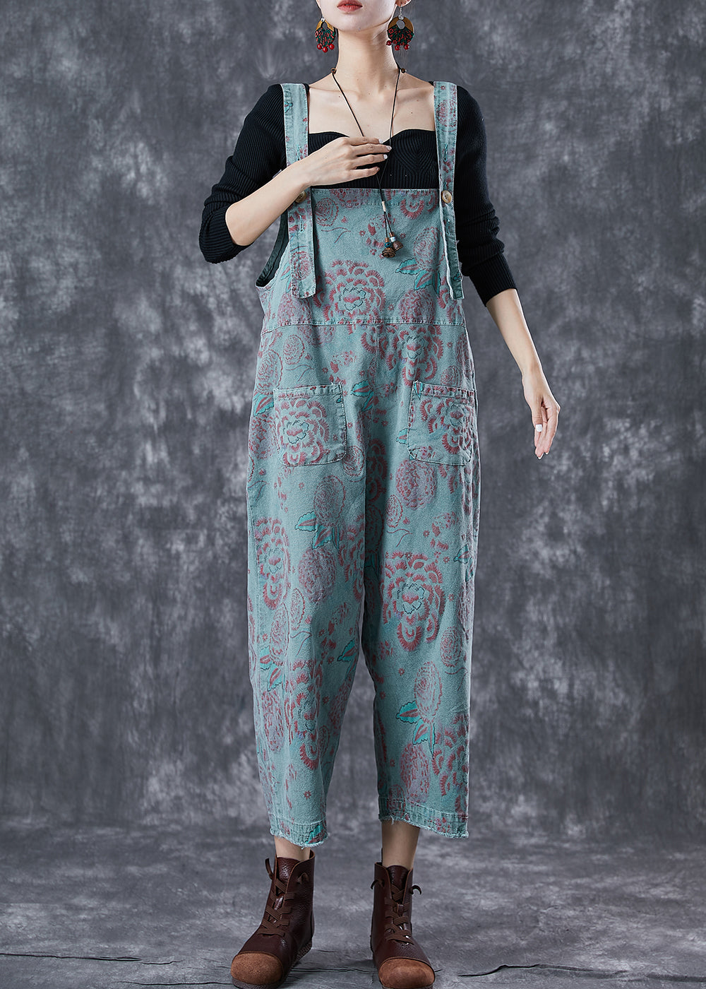 Blue Oversized Print Denim Jumpsuits Summer