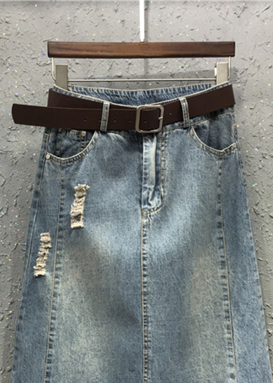 Blue Patchwork Elastic Waist Sashes Denim a Line Skirts