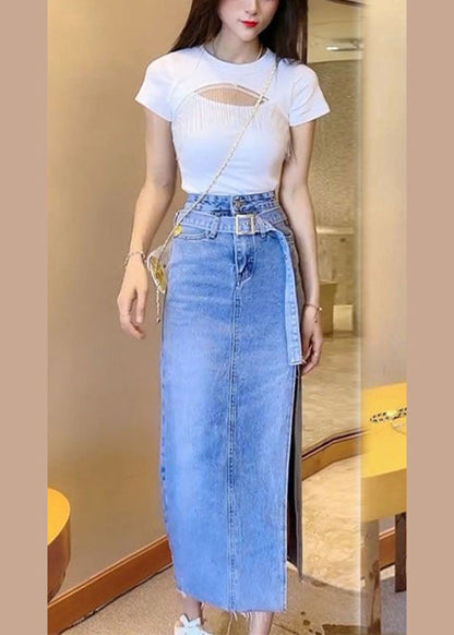 Blue Patchwork Sashes Side Open Denim Maxi Skirt