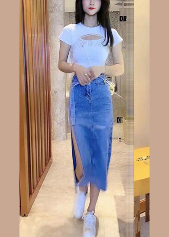 Blue Patchwork Sashes Side Open Denim Maxi Skirt