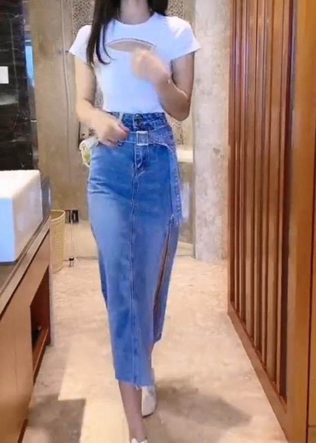 Blue Patchwork Sashes Side Open Denim Maxi Skirt