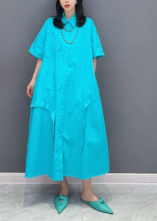 Blue Peter Pan Collar Patchwork Cotton Shirts Dress Summer