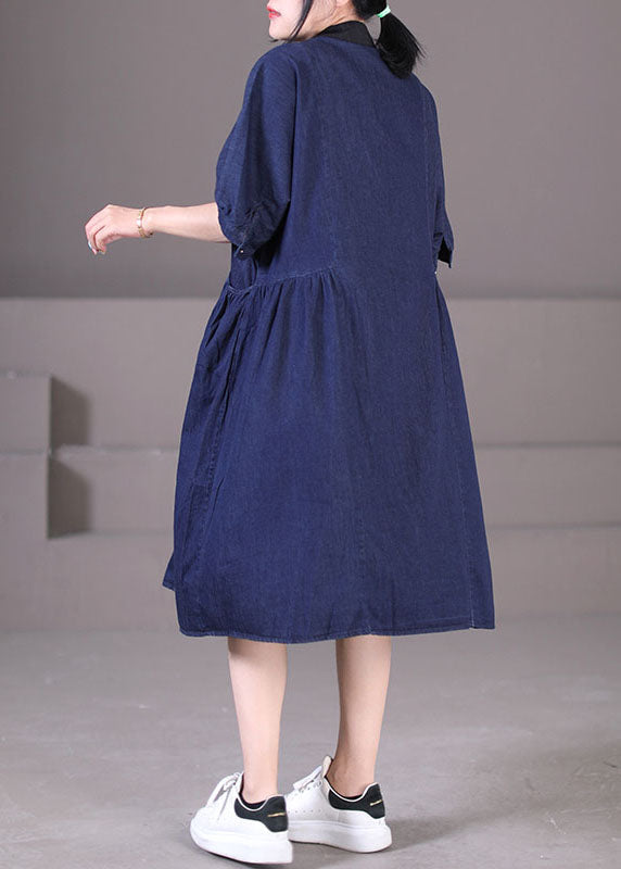 Blue Peter Pan Collar Patchwork Wrinkled Cotton Vacation Denim Dresses Short Sleeve