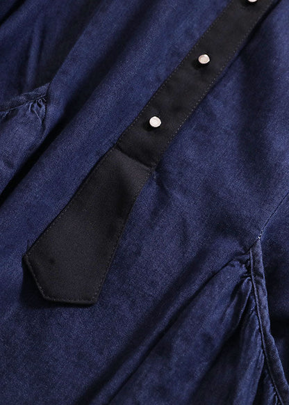 Blue Peter Pan Collar Patchwork Wrinkled Cotton Vacation Denim Dresses Short Sleeve