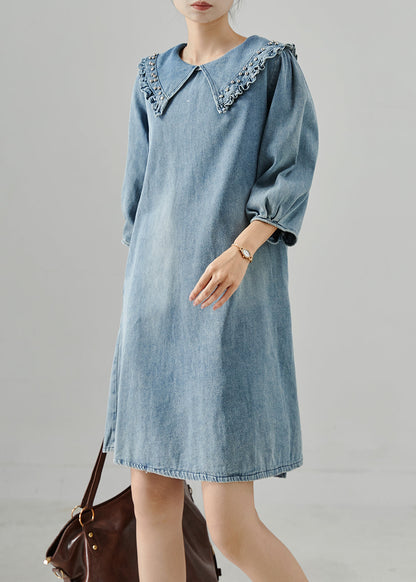 Blue Peter Pan Collar Rivet Denim Day Dress Bracelet Sleeve