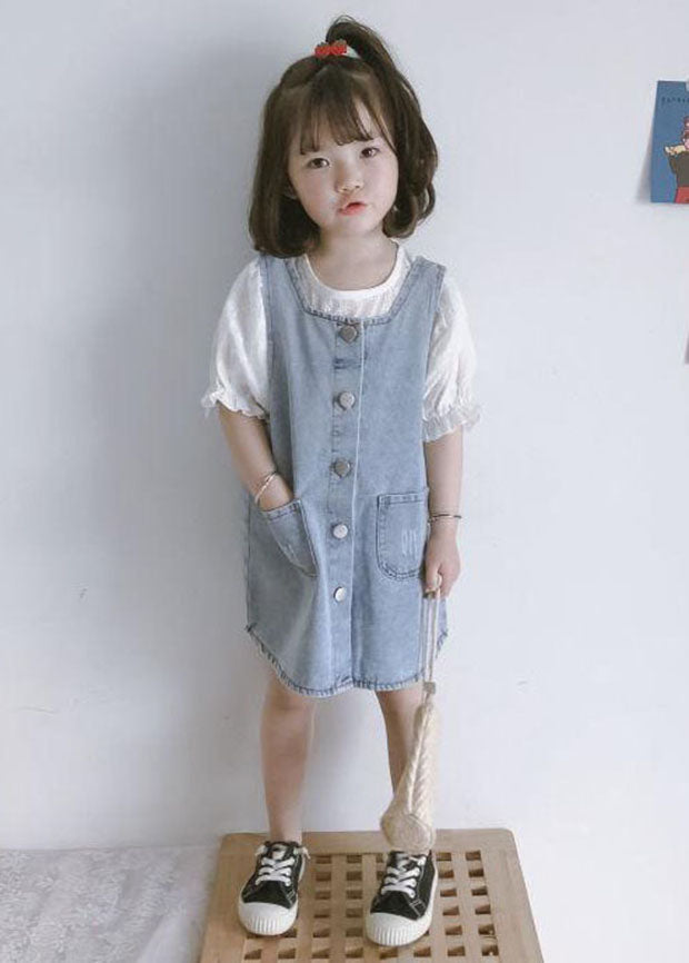 Blue Pockets Button Patchwork Denim Kids Dress Two Piece Set Summer