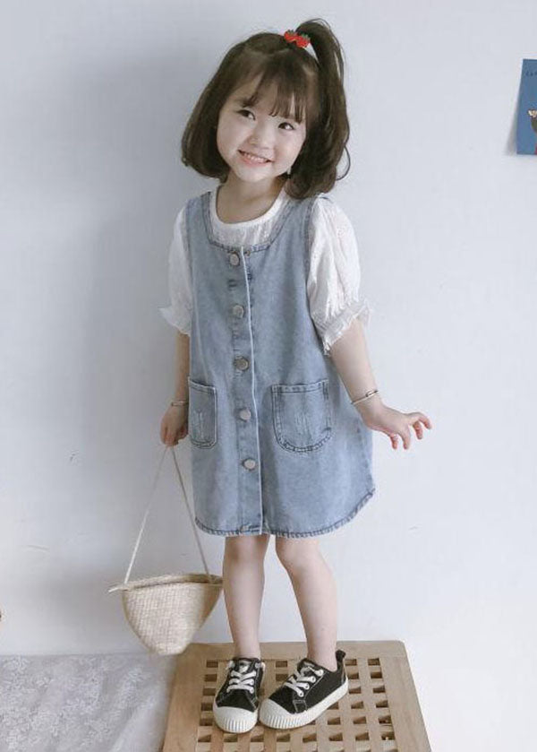Blue Pockets Button Patchwork Denim Kids Dress Two Piece Set Summer