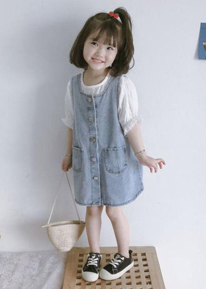 Blue Pockets Button Patchwork Denim Kids Dress Two Piece Set Summer