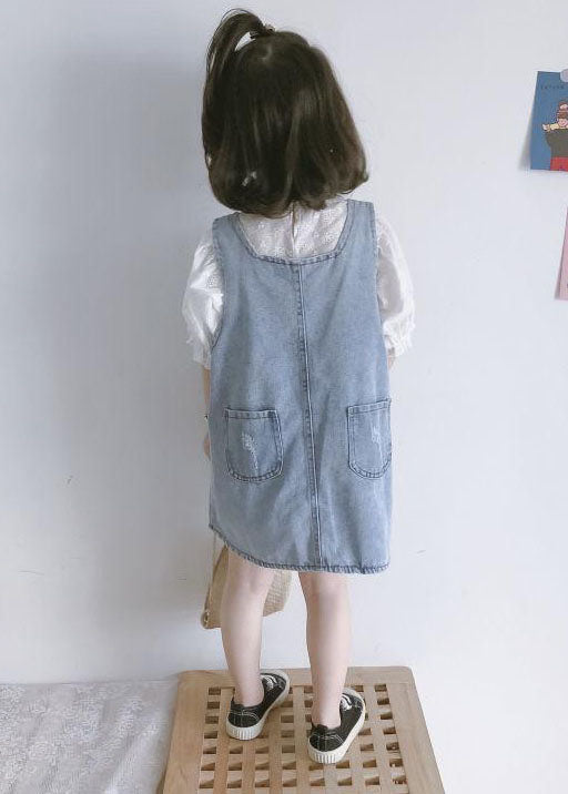 Blue Pockets Button Patchwork Denim Kids Dress Two Piece Set Summer