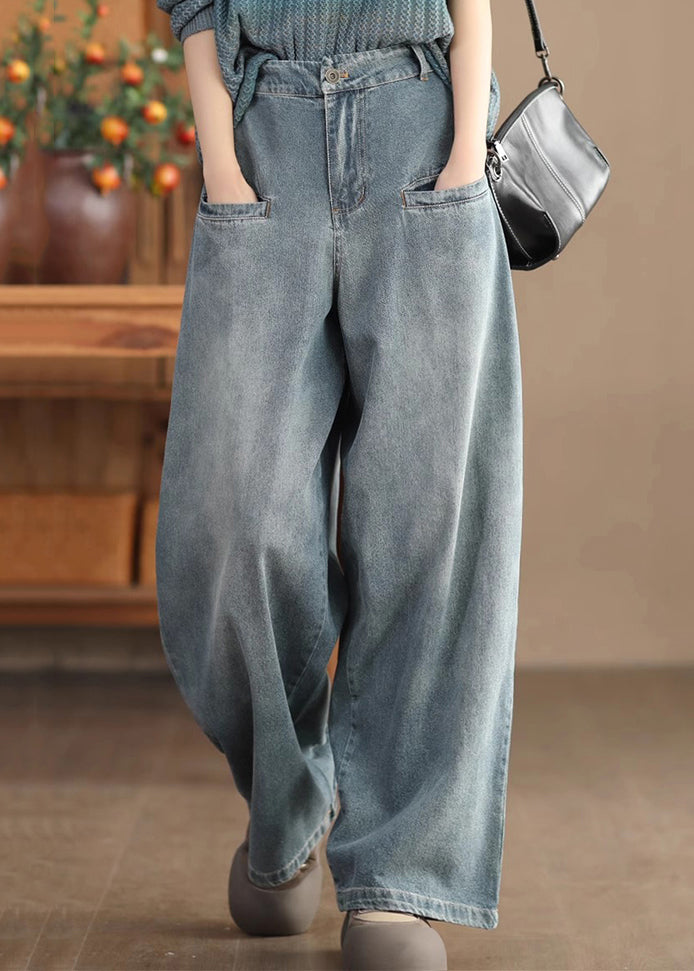 Blue Pockets High Waist Denim Wide Leg Pants Spring