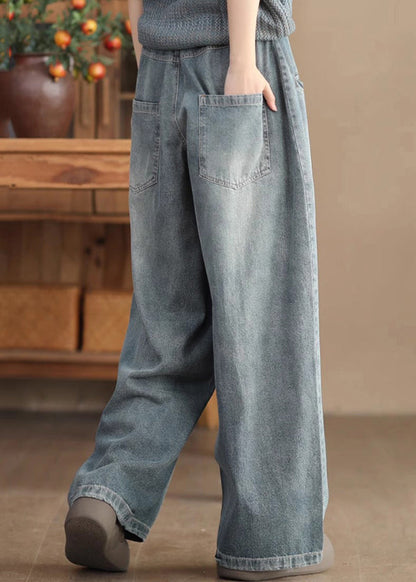 Blue Pockets High Waist Denim Wide Leg Pants Spring