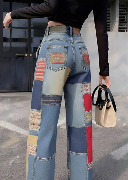 Blue Pockets Patchwork High Waist Wide Leg Jeans
