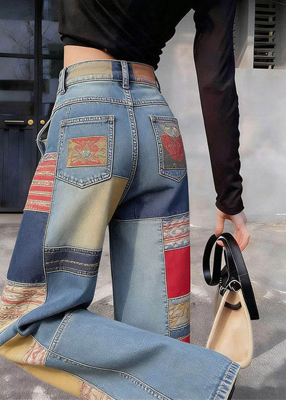 Blue Pockets Patchwork High Waist Wide Leg Jeans