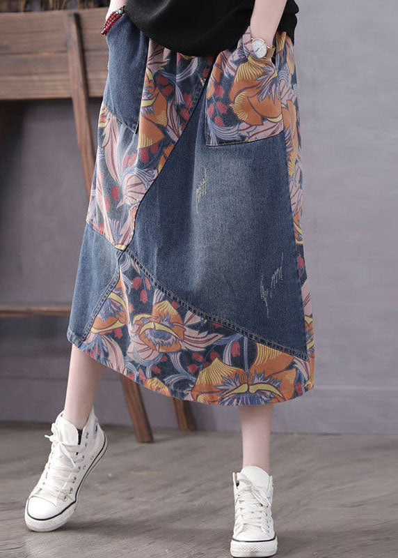 Blue Pockets Patchwork Print a Line Fall Denim Skirts