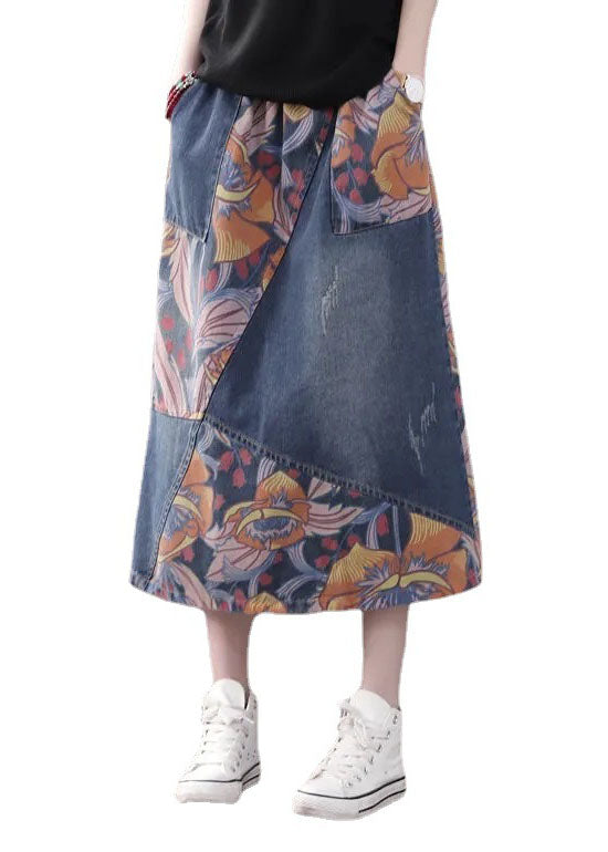 Blue Pockets Patchwork Print a Line Fall Denim Skirts