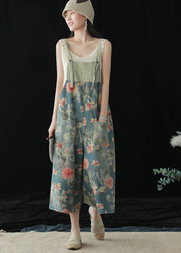 Blue Pockets Patchwork Print Cotton Denim Wide Leg Pants Jumpsuit Summer