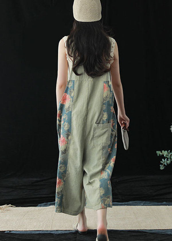Blue Pockets Patchwork Print Cotton Denim Wide Leg Pants Jumpsuit Summer