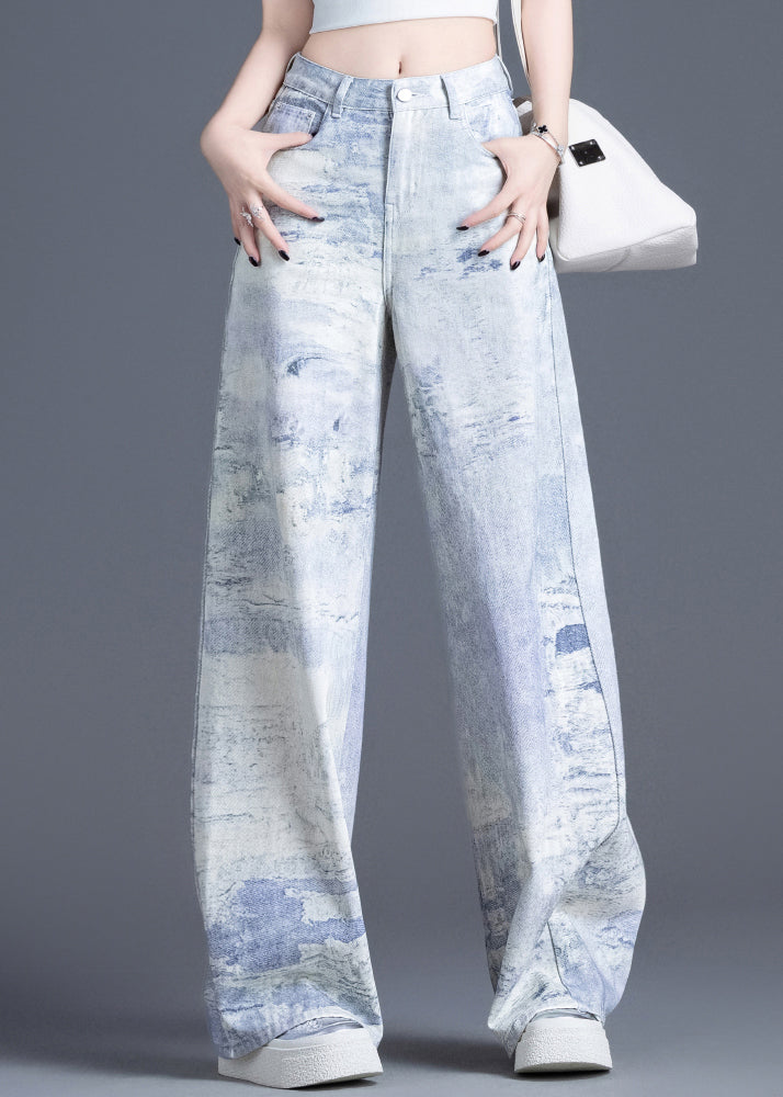 Blue Pockets Tie Dye High Waist Denim Pants Spring