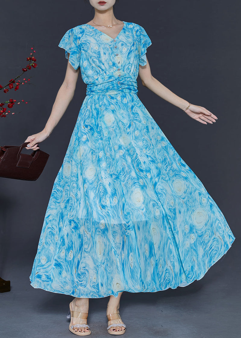 Blue Print Chiffon Beach Dress Butterfly Sleeve