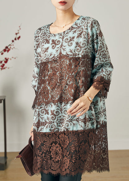 Blue Print Patchwork Lace Chiffon Short Dress Summer