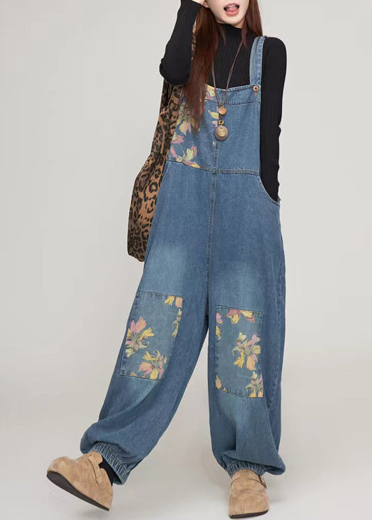 Blue Print Pockets Patchwork Denim Jumpsuit Summer