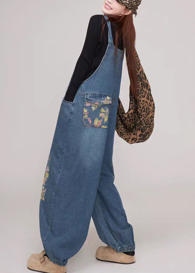 Blue Print Pockets Patchwork Denim Jumpsuit Summer