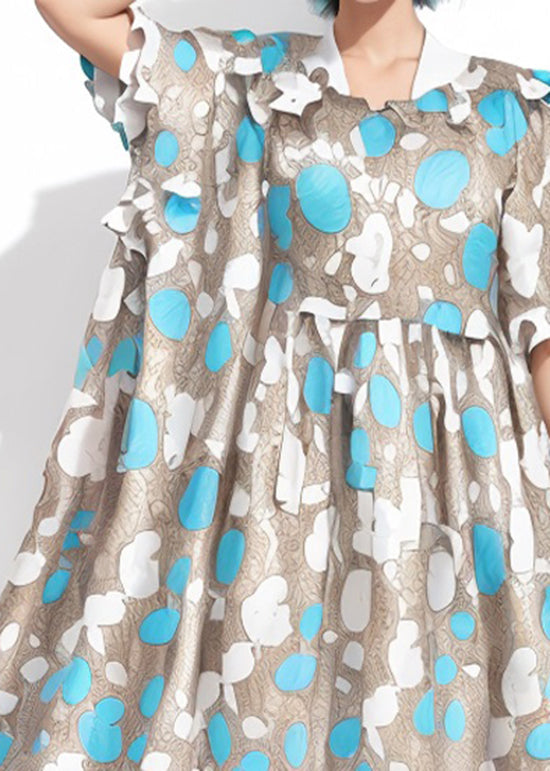 Blue Print Wrinkled Cotton Dresses Summer