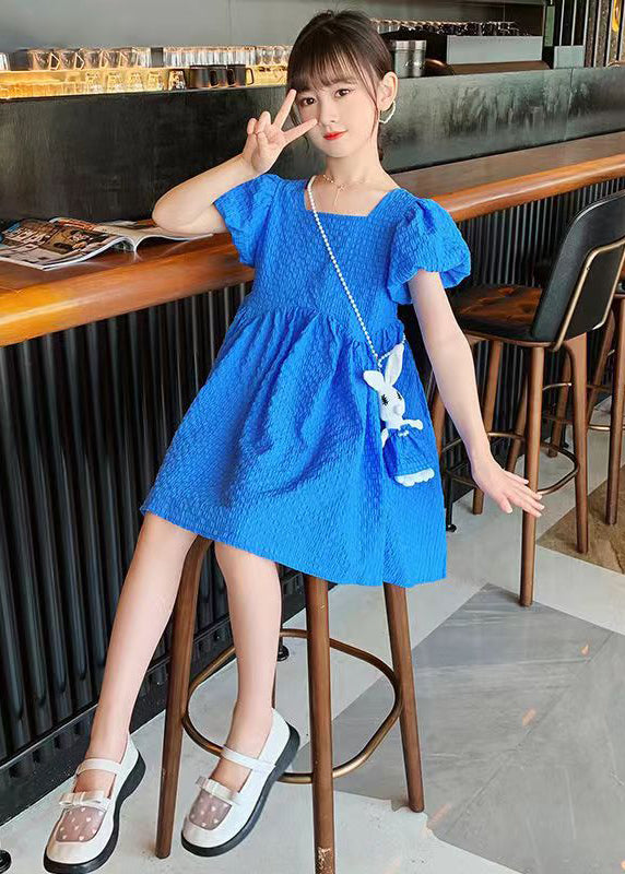 Blue Puff Sleeve Bow Rabbit Cotton Kids Long Dress Summer