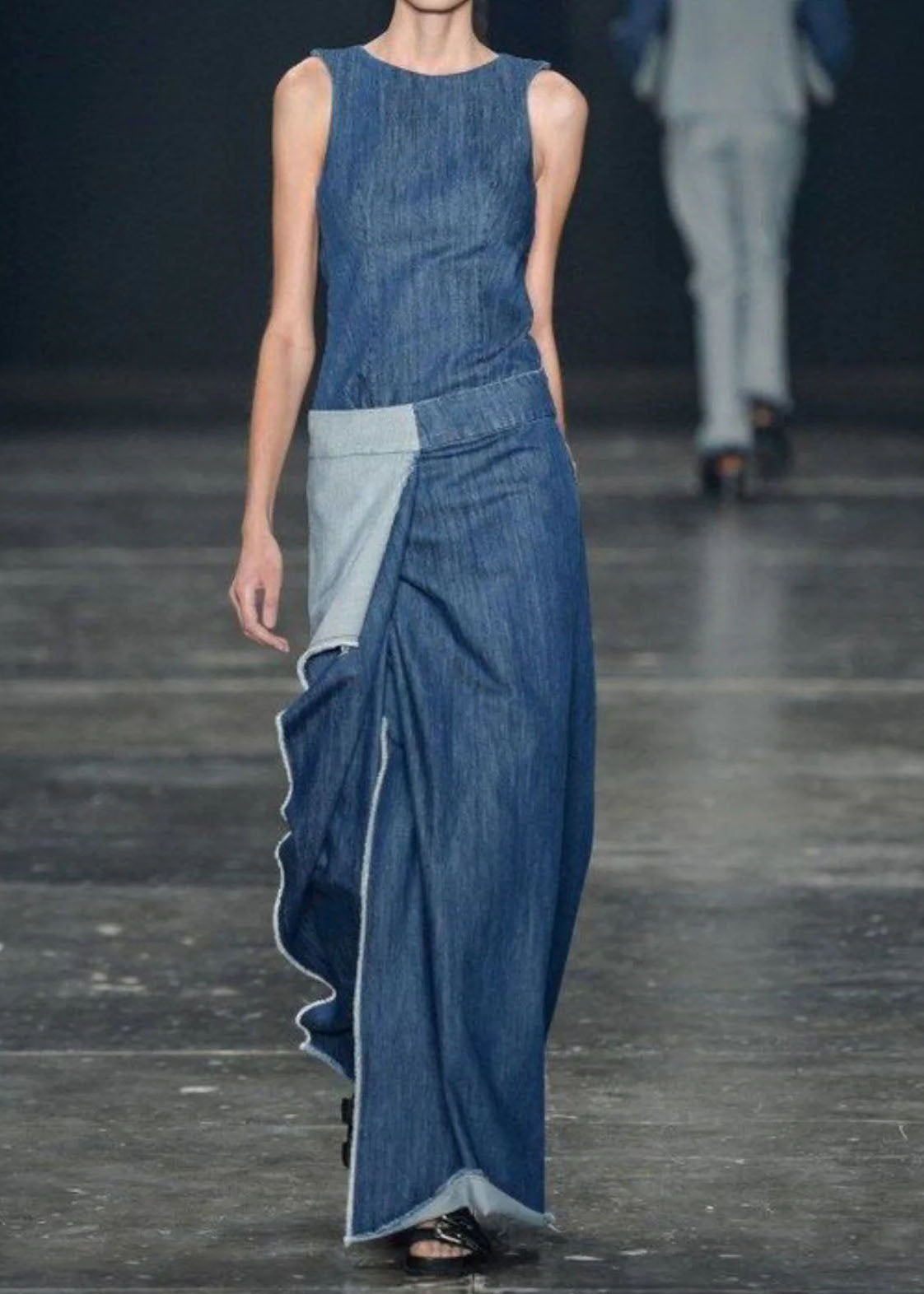 Blue Ruffled Patchwork Long Denim Dresses Sleeveless
