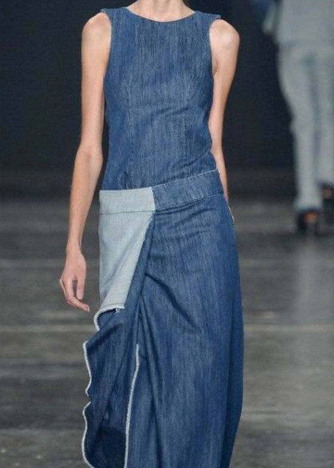 Blue Ruffled Patchwork Long Denim Dresses Sleeveless