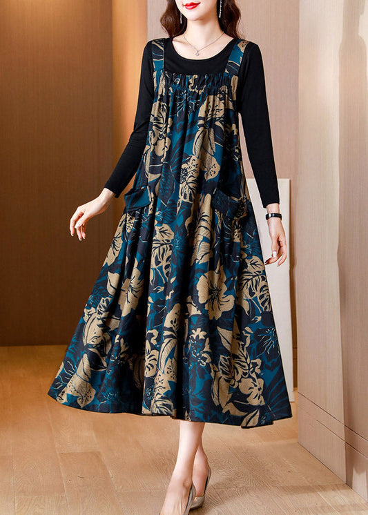 Blue Slash Veck Print Top and Slip Dress Two Piece Set Summer
