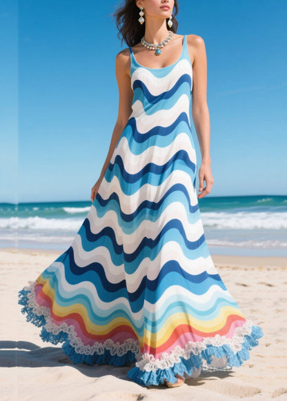 Blue Striped Ruffled Chiffon Holiday Dresses Summer