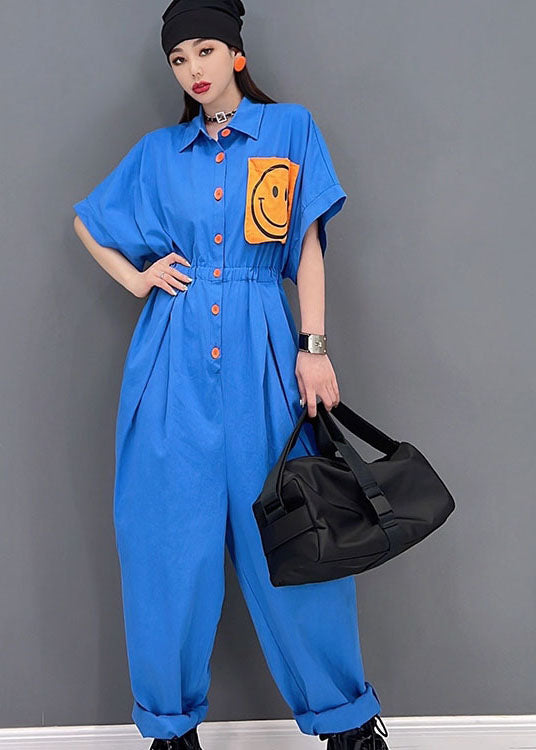 Blue Turn-down Collar Drawstring Smile Applique Button Cotton Overalls Jumpsuit Short Sleeve