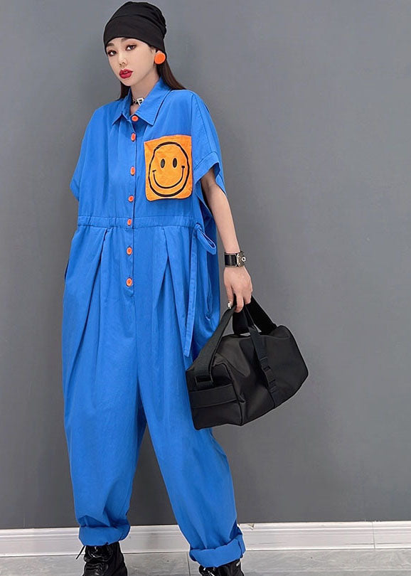 Blue Turn-down Collar Drawstring Smile Applique Button Cotton Overalls Jumpsuit Short Sleeve