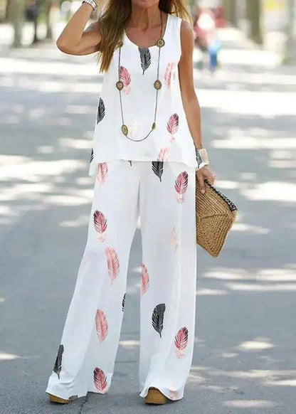 Blue U Neck Print Vest and Wide Leg Pants Two Pieces Set Summer