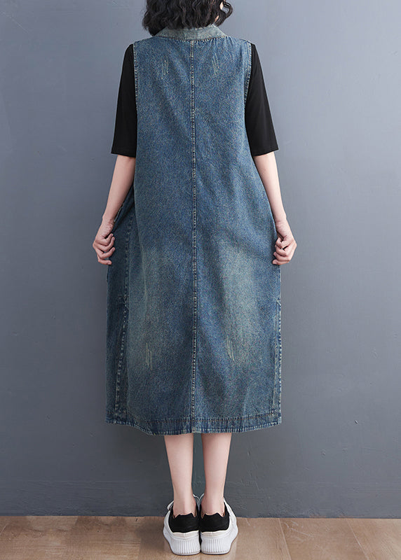 Blue V Neck Asymmetrical Patchwork Tie Waist Denim Long Dresses Sleeveless
