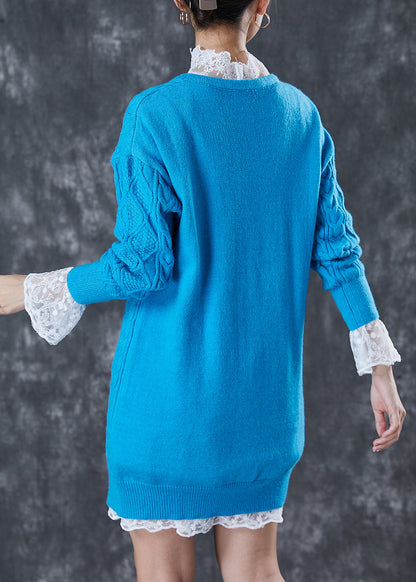 Blue V Neck Cable Knitted Dress Two Piece Set Winter