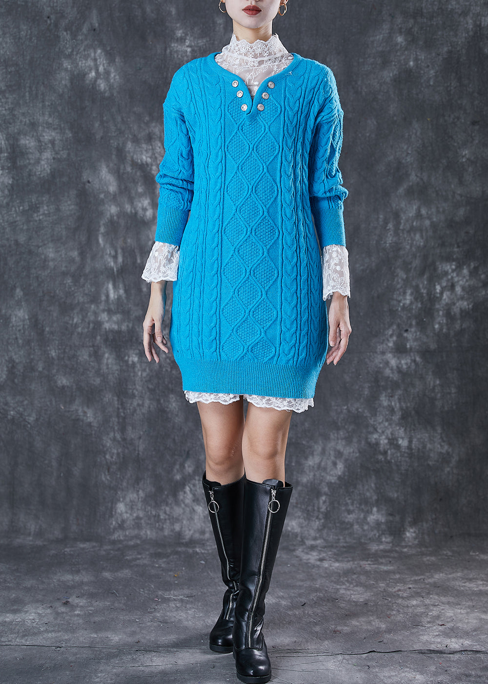 Blue V Neck Cable Knitted Dress Two Piece Set Winter
