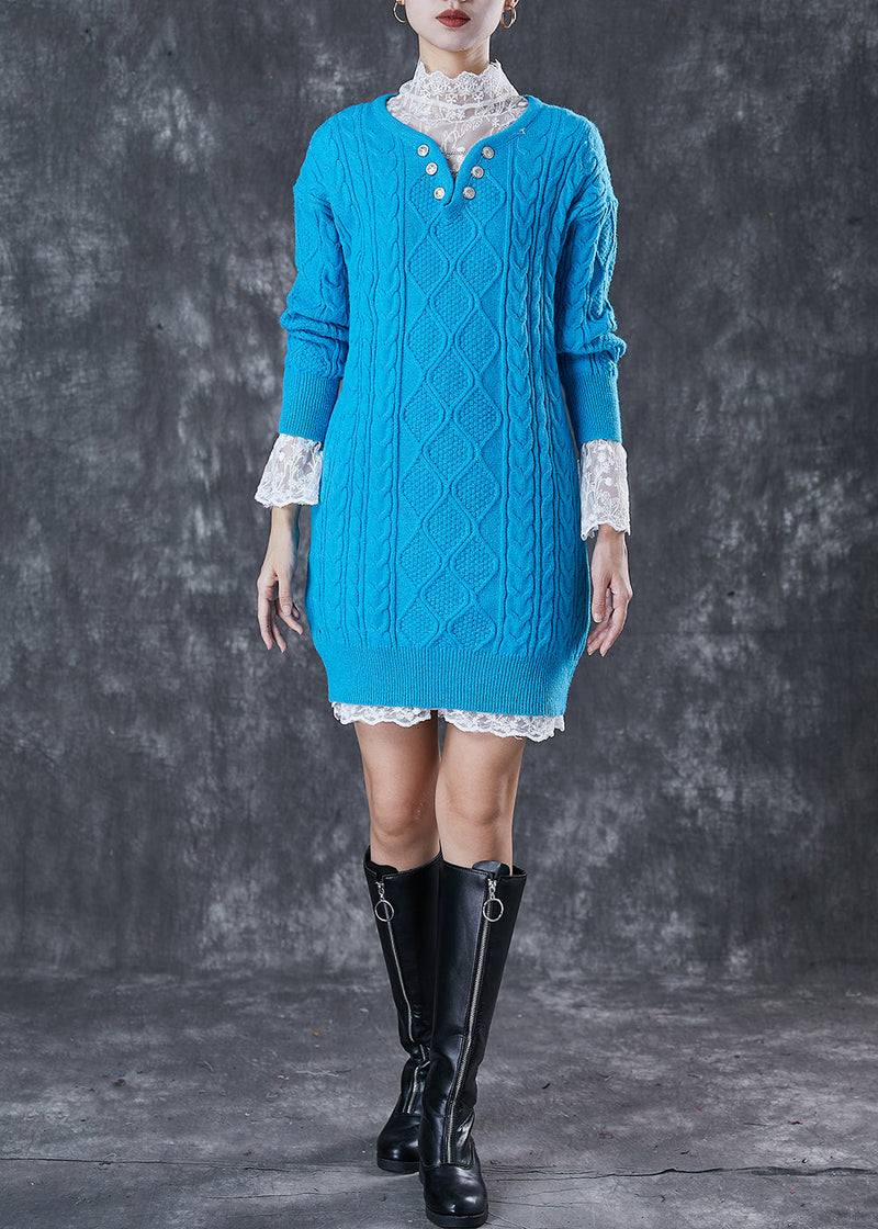 Blue V Neck Cable Knitted Dress Two Piece Set Winter