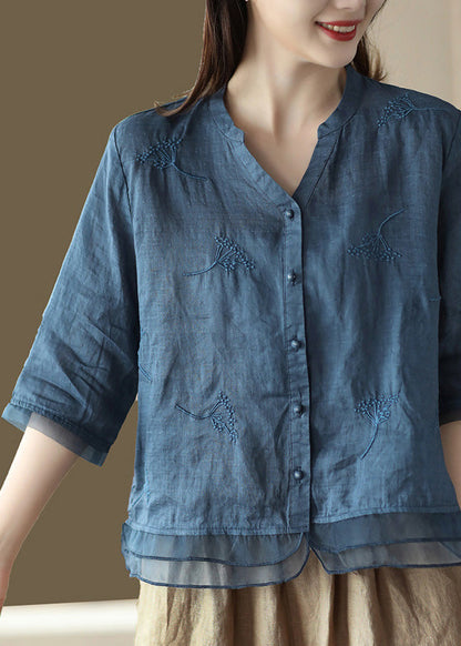 Blue V Neck Embroideried Ramie Shirt Half Sleeve
