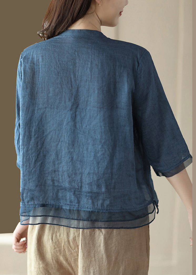 Blue V Neck Embroideried Ramie Shirt Half Sleeve