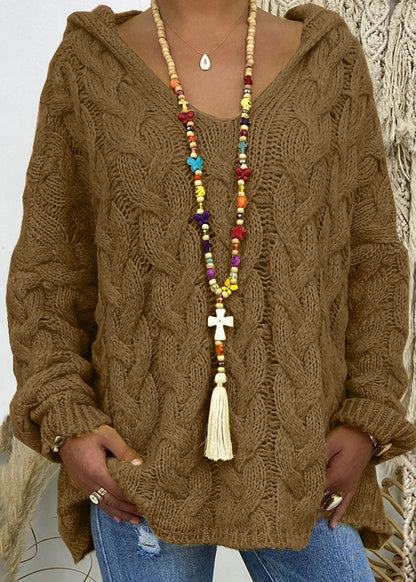 Blue V Neck Hooded Loose Knit Sweaters Fall