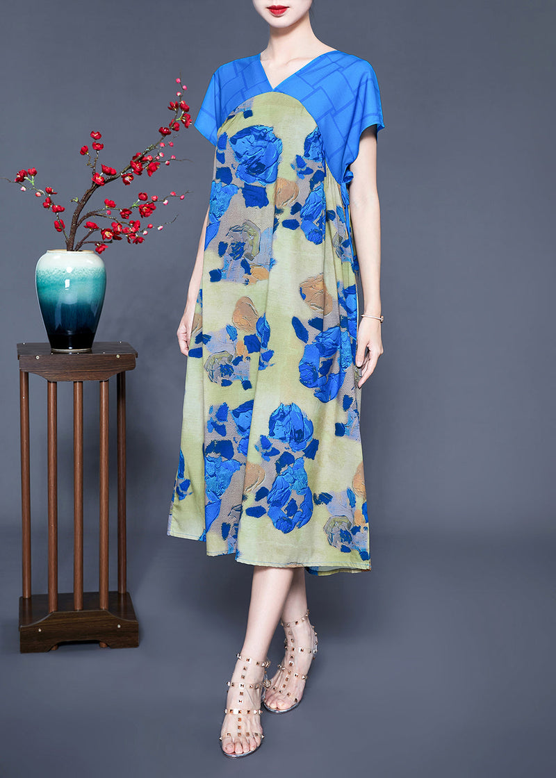 Blue V Neck Patchwork Print Silk Holiday Dress Summer