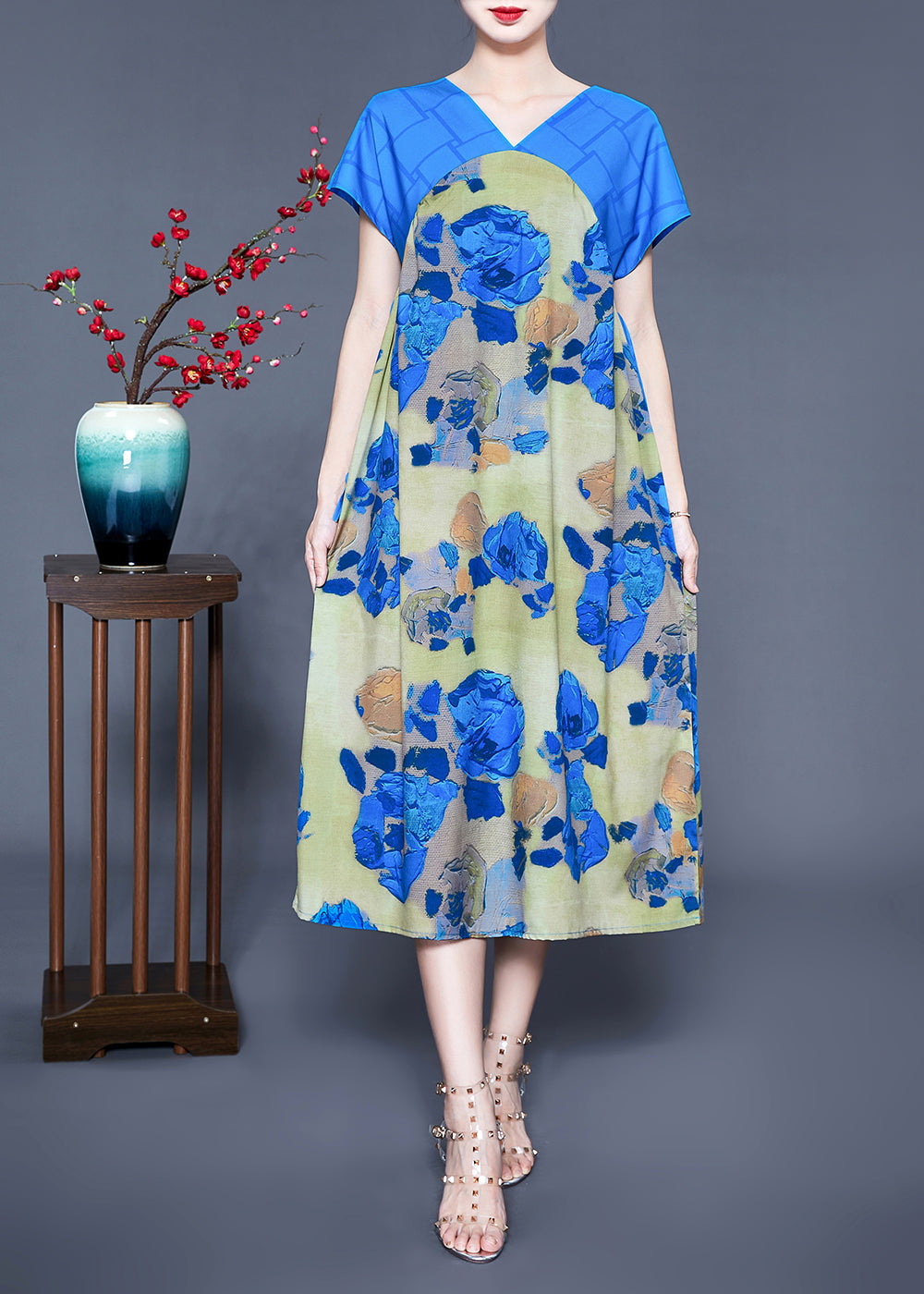 Blue V Neck Patchwork Print Silk Holiday Dress Summer