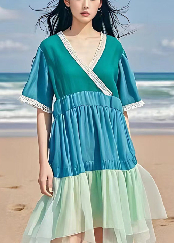 Blue V Neck Patchwork Wrinkled Linen Dress Summer
