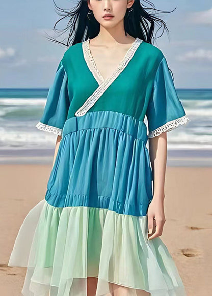 Blue V Neck Patchwork Wrinkled Linen Dress Summer