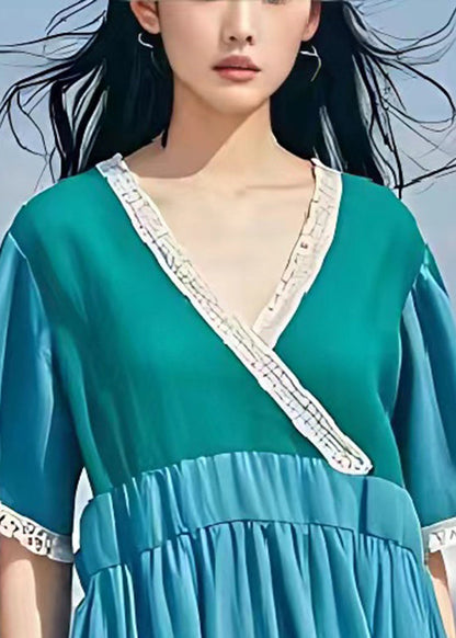 Blue V Neck Patchwork Wrinkled Linen Dress Summer